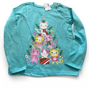 The Children's Place Girls 3T Christmas Cat Long Sleeve Tee Blue